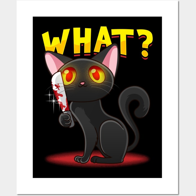 Cat What? Funny Black Cat With Knife Wall Art by aneisha